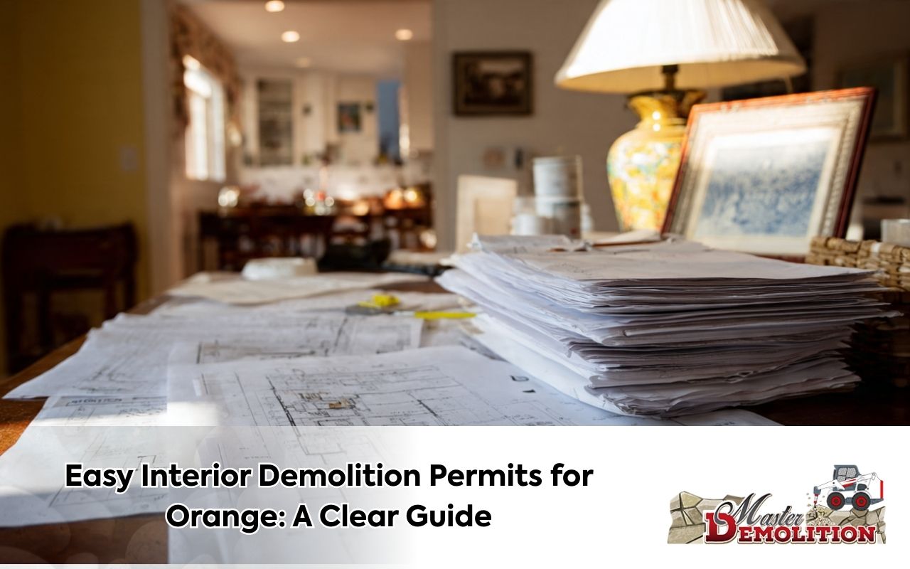 Interior demolition permits for Orange checklist with plans and paperwork on a desk