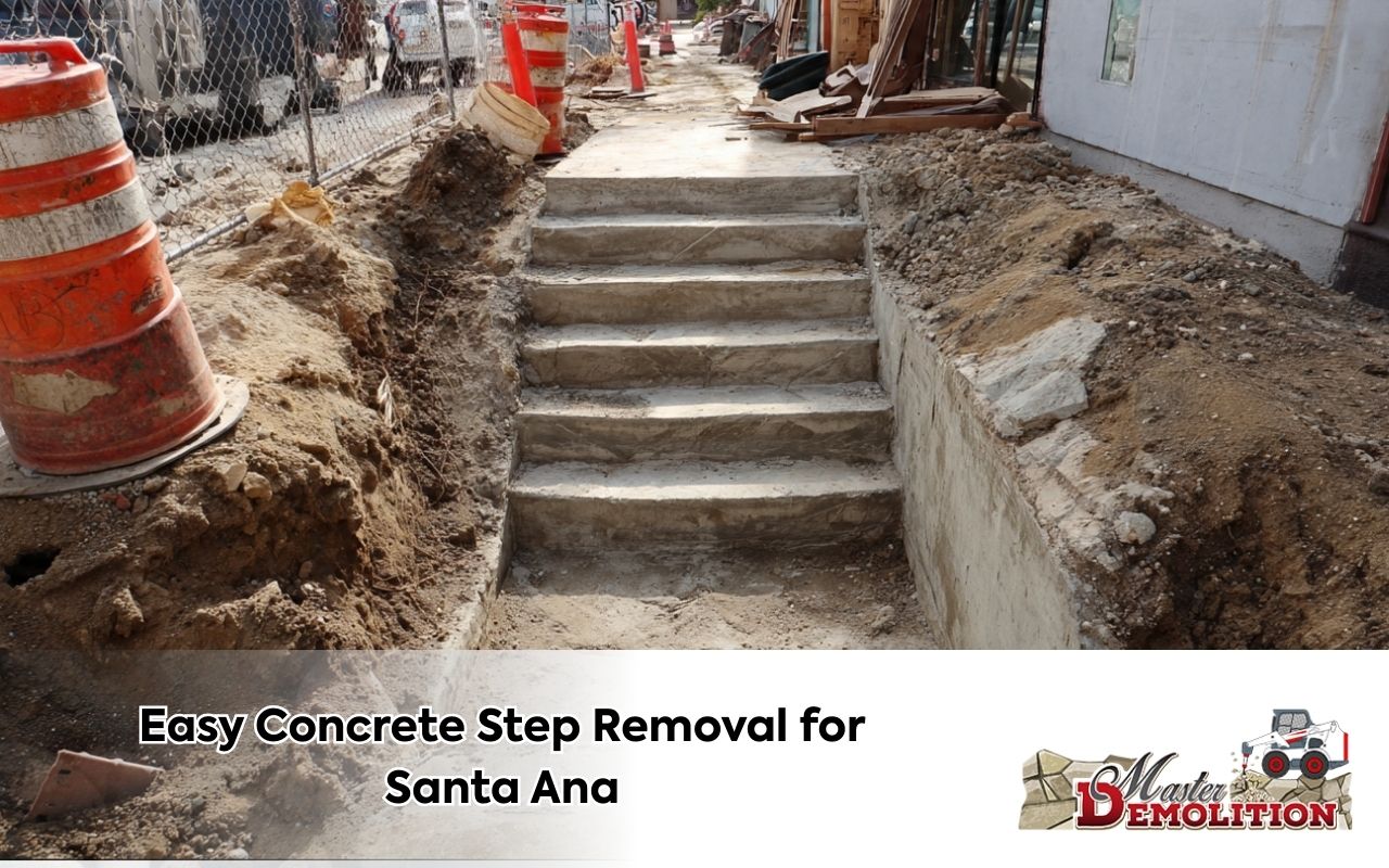 Concrete steps removal for Santa Ana with a marked work zone and controlled debris path