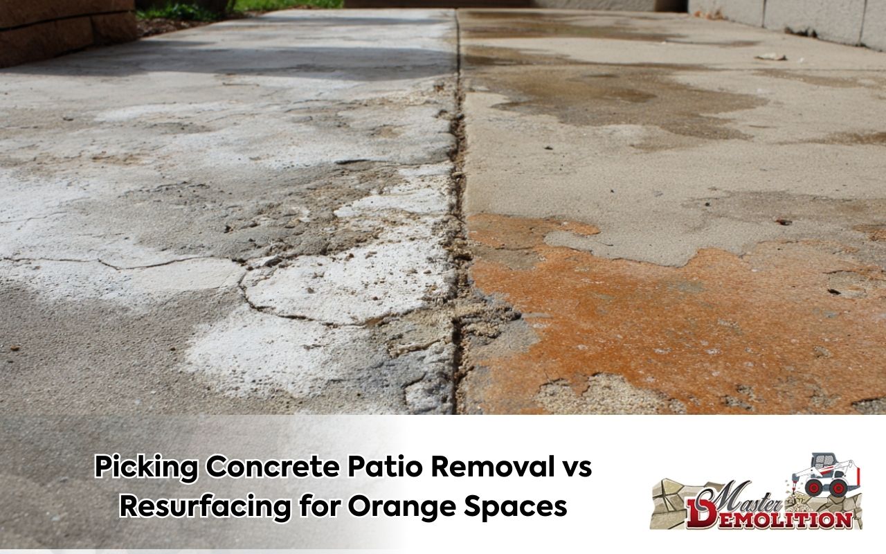 Concrete patio removal vs resurfacing for Orange decision guide showing surface wear and repair options