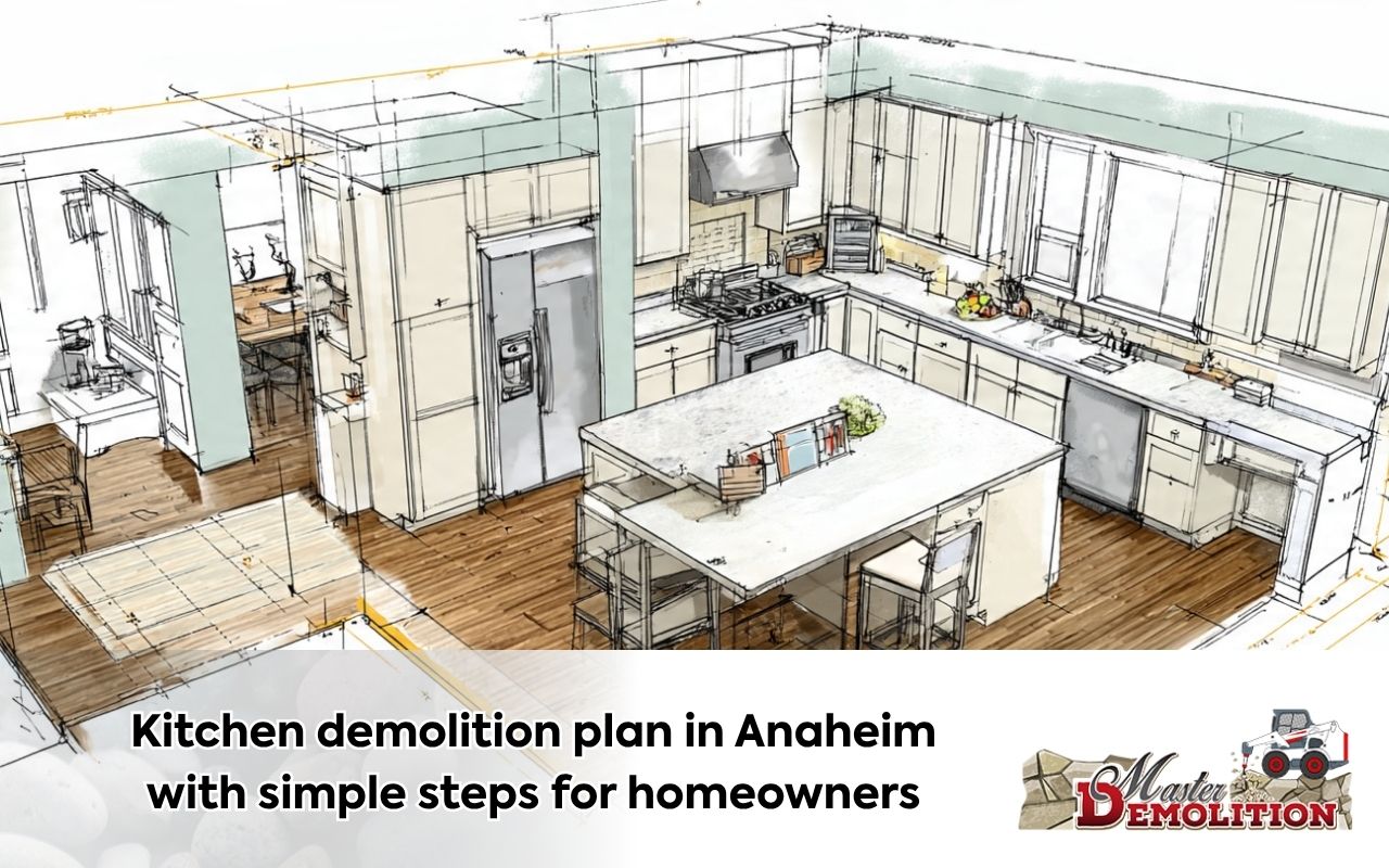 kitchen demolition plan in Anaheim with measured layout and marked work areas