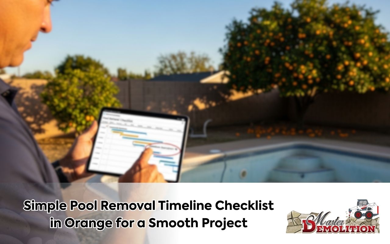 Homeowner reviewing a pool removal timeline checklist in Orange before demolition starts