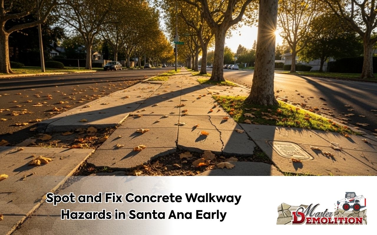 Uneven sidewalk showing concrete walkway hazards in Santa Ana near tree-lined streets