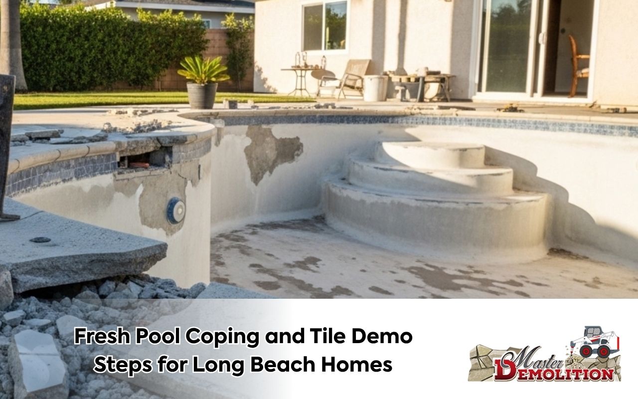 pool coping and tile demo in Long Beach at a backyard pool renovation site
