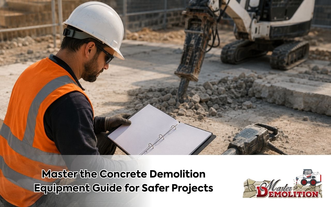 Worker using a concrete demolition equipment guide to plan safe slab removal