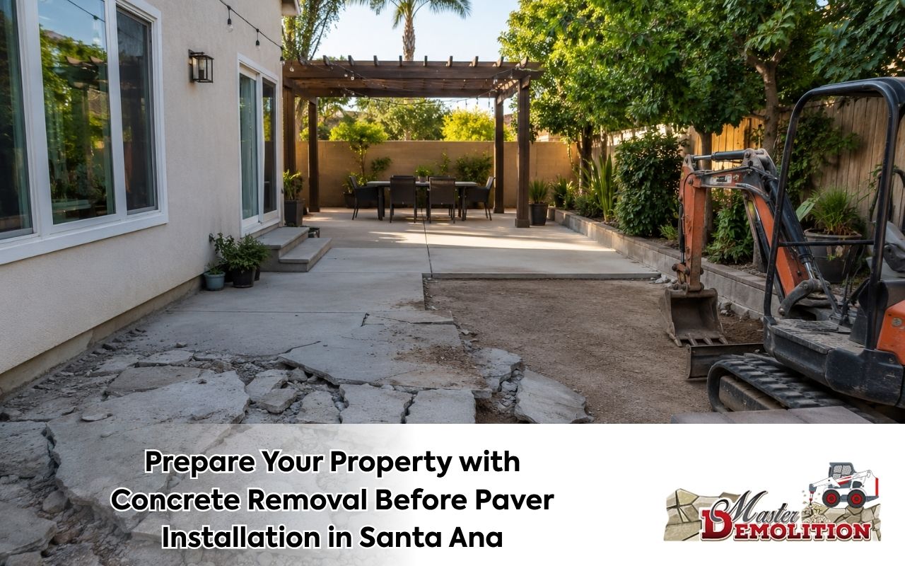 Concrete removal before paver installation in a Santa Ana outdoor area