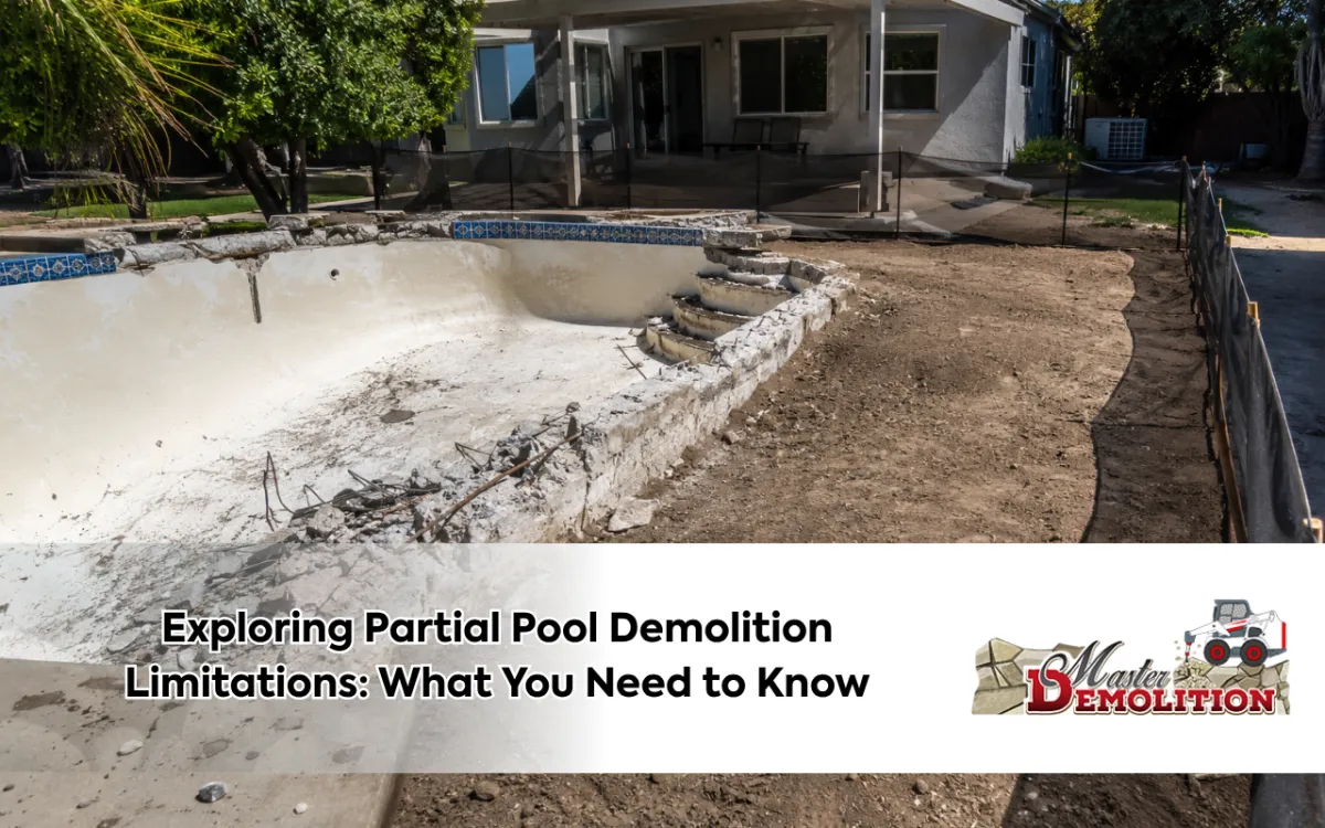 Backyard showing partial pool demolition limitations before the area is filled