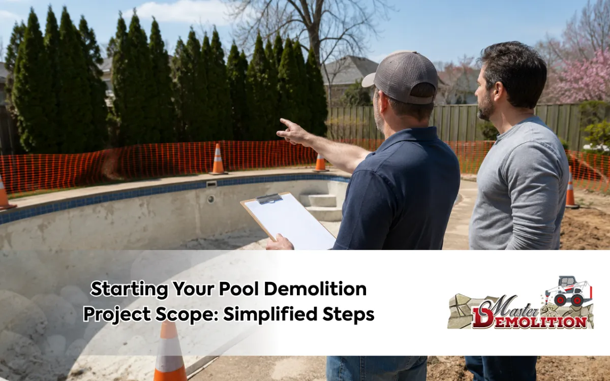 Contractor reviewing a pool demolition project scope before removal