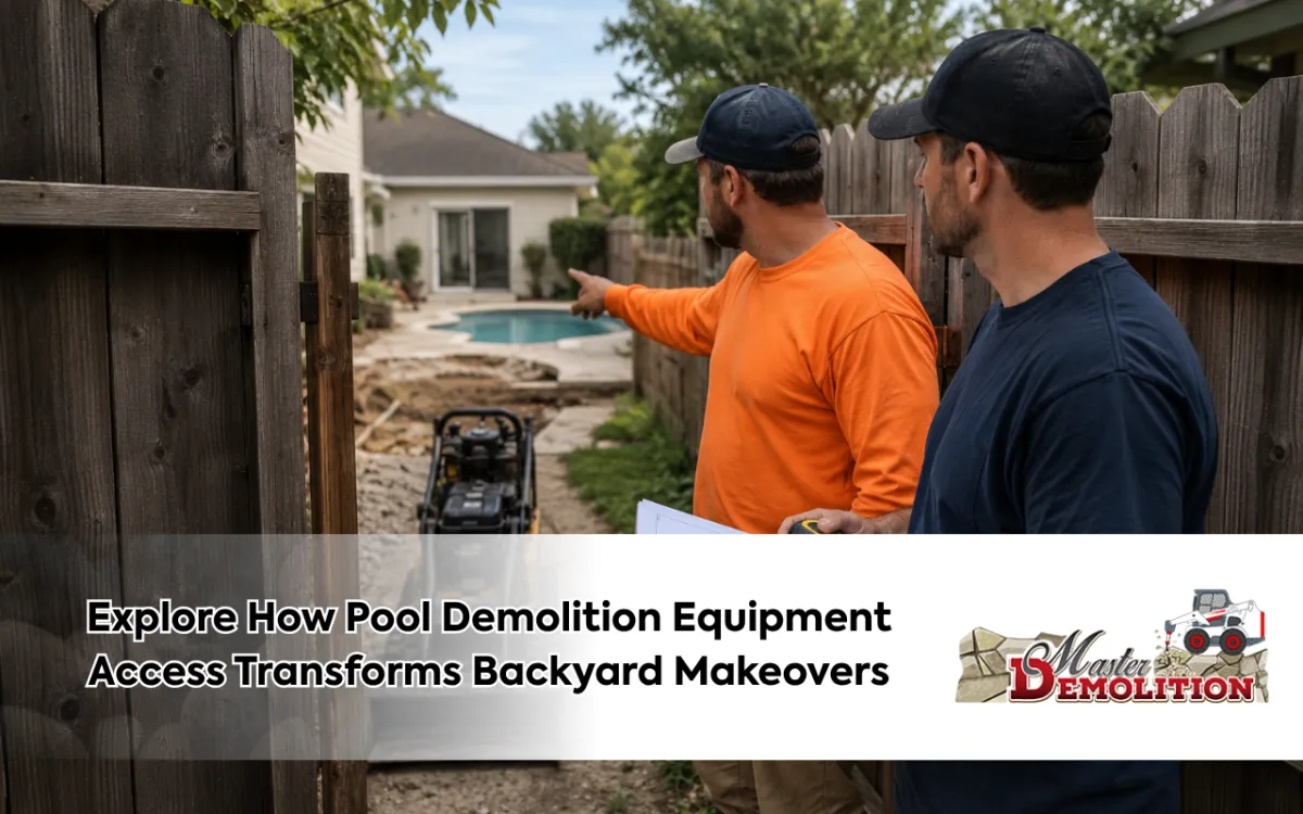 Crew planning pool demolition equipment access through a backyard gate