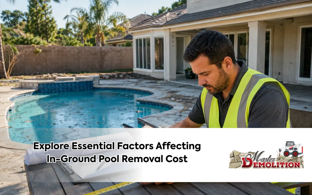  Contractor reviewing in-ground pool removal cost factors at an Anaheim property