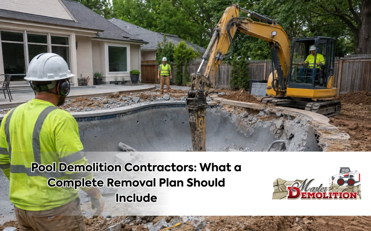 Pool demolition crew removing a residential swimming pool structure