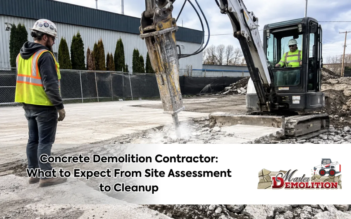 Concrete demolition contractor using heavy equipment to remove a slab
