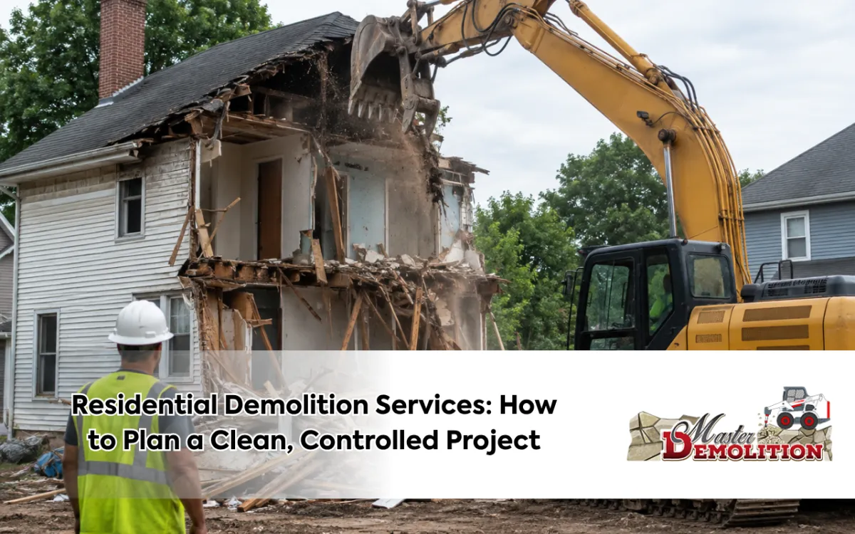 Residential structure being professionally demolished with controlled equipment