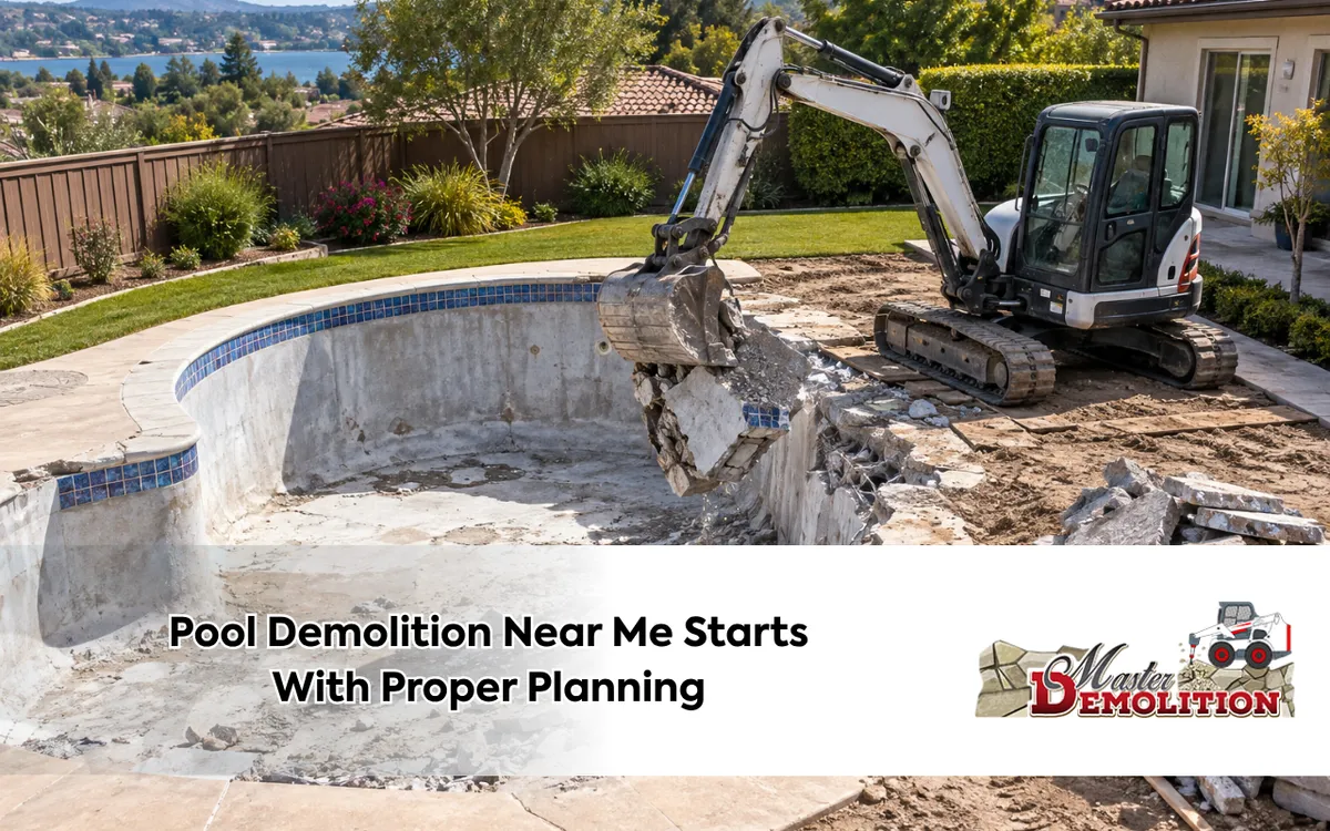 Pool demolition near me with controlled shell removal and cleanup