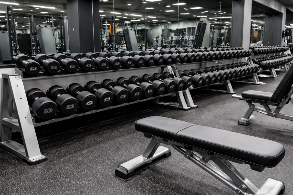 Zona de mancuernas en gimnasio mostrando racks ordenados y mancuernas de diferentes tamaños