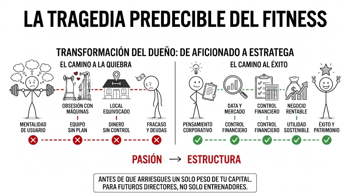 Infografía sobre errores financieros comunes al abrir un gimnasio y cómo pasar de apasionado a estratega corporativo.