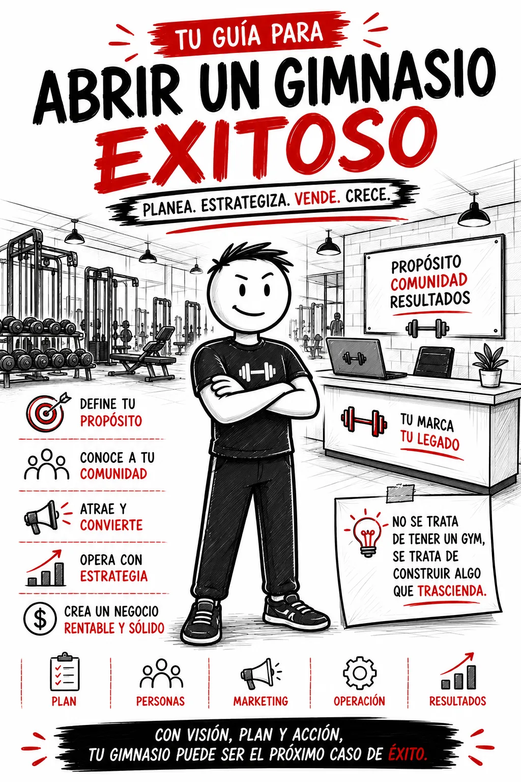 Infografía sobre errores y decisiones importantes antes de abrir un gimnasio rentable.