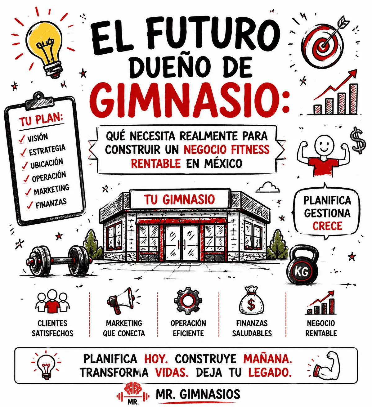 Portada del blog mostrando personas entrenando en gimnasio, íconos de crecimiento y planificación financiera.