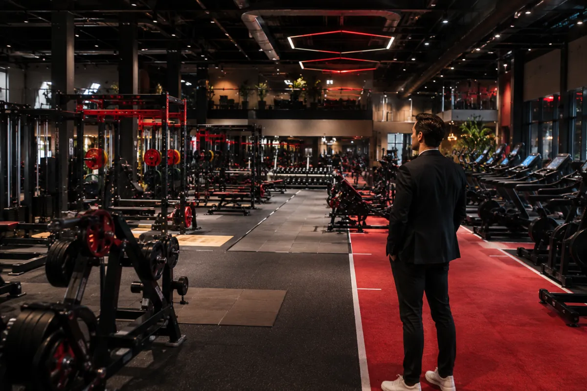 Gimnasio moderno equipado con máquinas profesionales, tecnología fitness y diseño estratégico para emprendedores en 2026