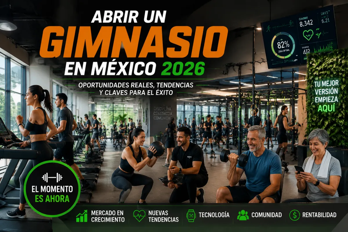 Portada del blog sobre abrir un gimnasio en México en 2026 con personas entrenando y tecnología wearable.