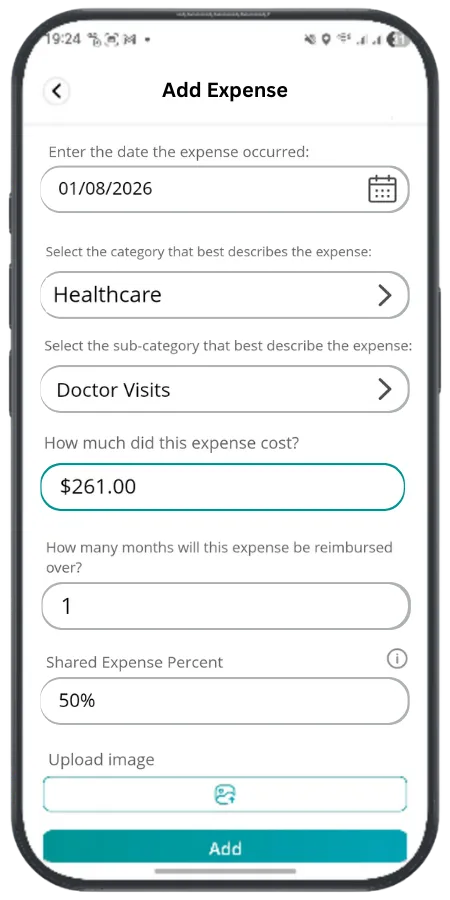 ParentPayr app screen for adding a shared expense with category, amount, and reimbursement details