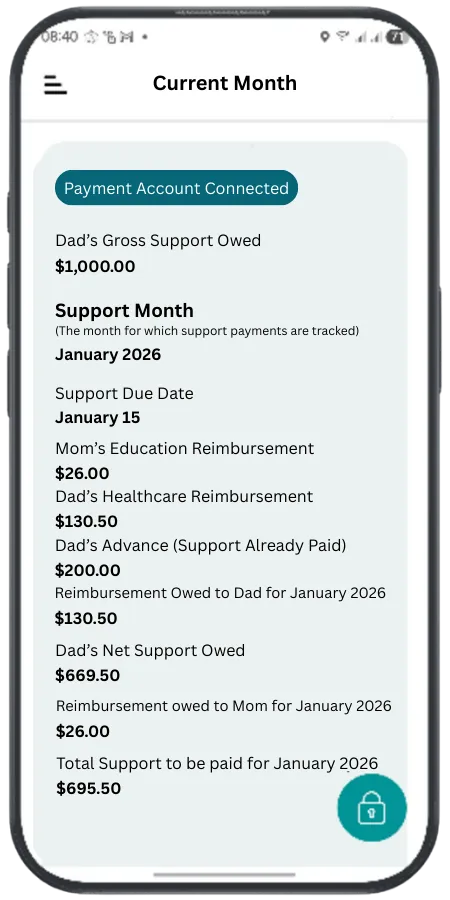 ParentPayr app showing current month support summary with connected bank account
