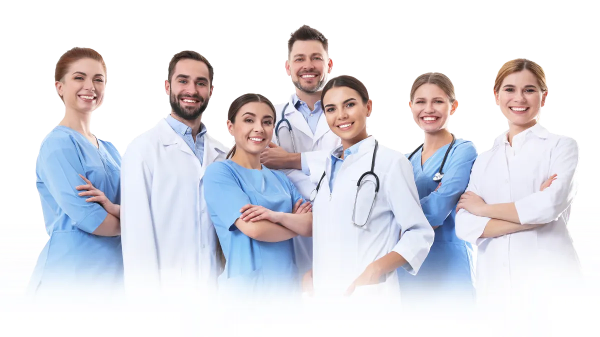 Smiling team of wound care specialists and clinicians representing Royal Wound Care, delivering advanced bedside treatment to nursing home patients nationwide.