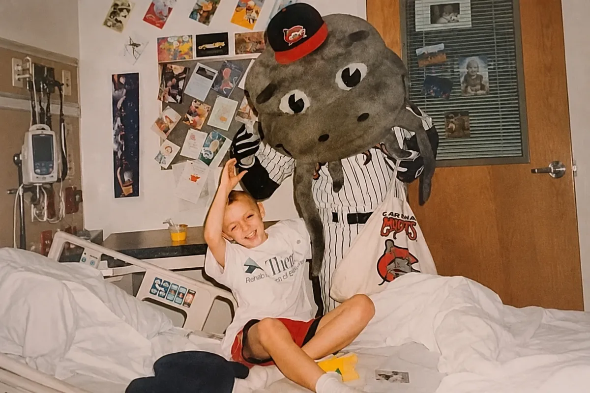 Brandon with North Carolina Mudcats Mascot