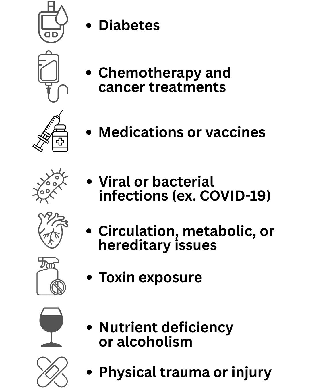 causes of neuropathy including diabetes, chemotherapy, medications, infections, circulation issues, toxins, nutrient deficiency, alcoholism, and physical trauma