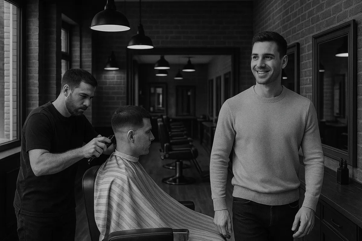 Black and white photo of a modern barbershop interior in Luton, featuring a barber giving a precise haircut while a smiling client walks away confidently, with stylish lighting, exposed brick walls, and neatly arranged barber stations in the background.