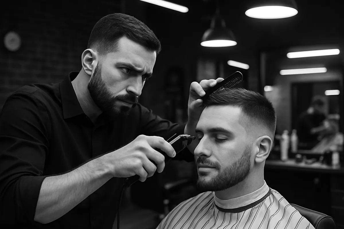 Black and white photo of a barber in a modern barbershop carefully giving a fade haircut, holding clippers and a comb with intense focus, while the client sits calmly with eyes closed, surrounded by sleek lighting and exposed brick interior.