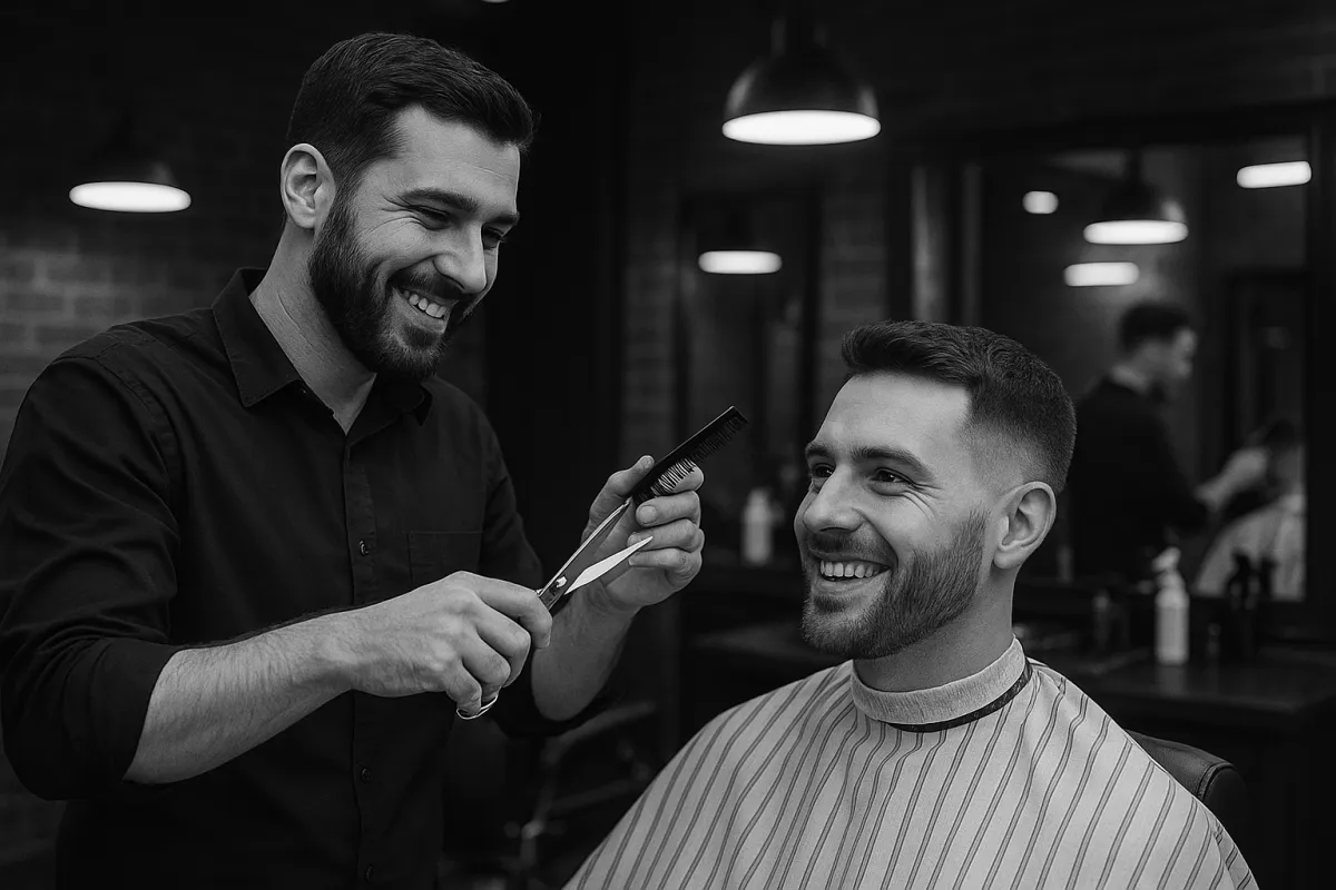 Black and white photo of a modern barbershop scene with a focused barber styling a client’s hair using his hands, as the client smiles in the chair. The background features exposed brick, wall mirrors, and sleek pendant lighting in an industrial-themed interior.