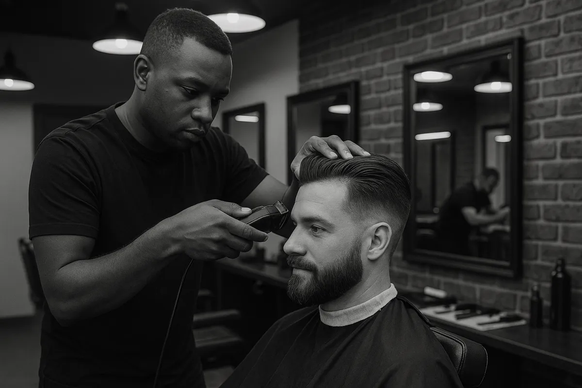Black and white photo of a focused barber using clippers to shape a client’s haircut in a modern barbershop, with exposed brick walls, large mirrors, and overhead lighting creating a clean, professional atmosphere.