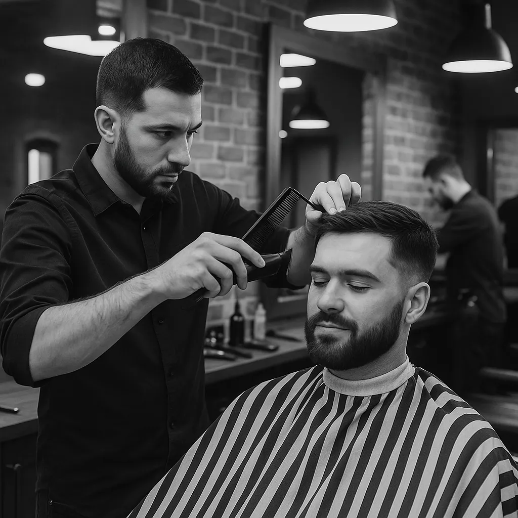 Black and white photo of a barber giving a precise haircut using clippers and a comb in a modern barbershop, with the client calmly seated in a striped cape. The background features exposed brick walls, mirrors, pendant lighting, and another barber working at a nearby station.