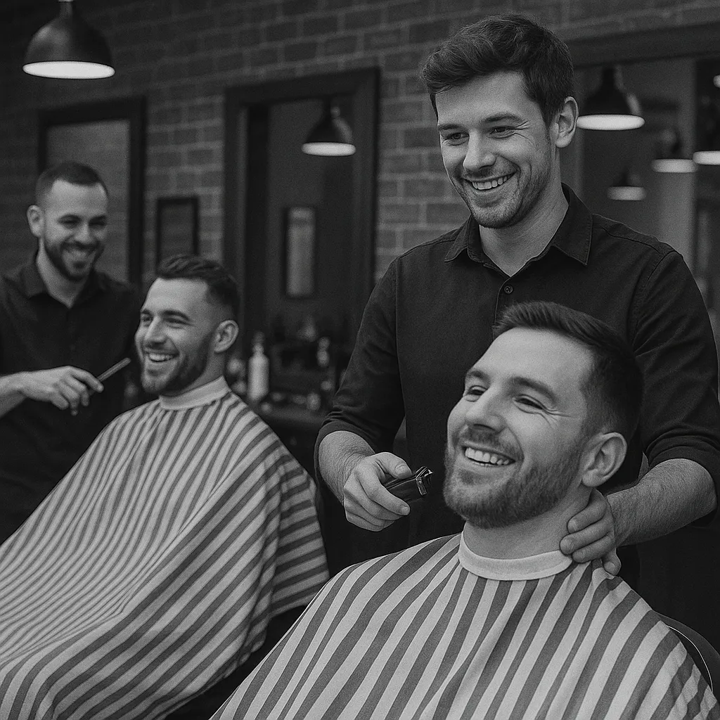 Black and white photo of two barbers and their smiling clients in a modern barbershop. The scene captures a friendly, relaxed atmosphere with lighthearted conversation and laughter as haircuts are underway, set against a backdrop of exposed brick walls, large mirrors, and pendant lighting.