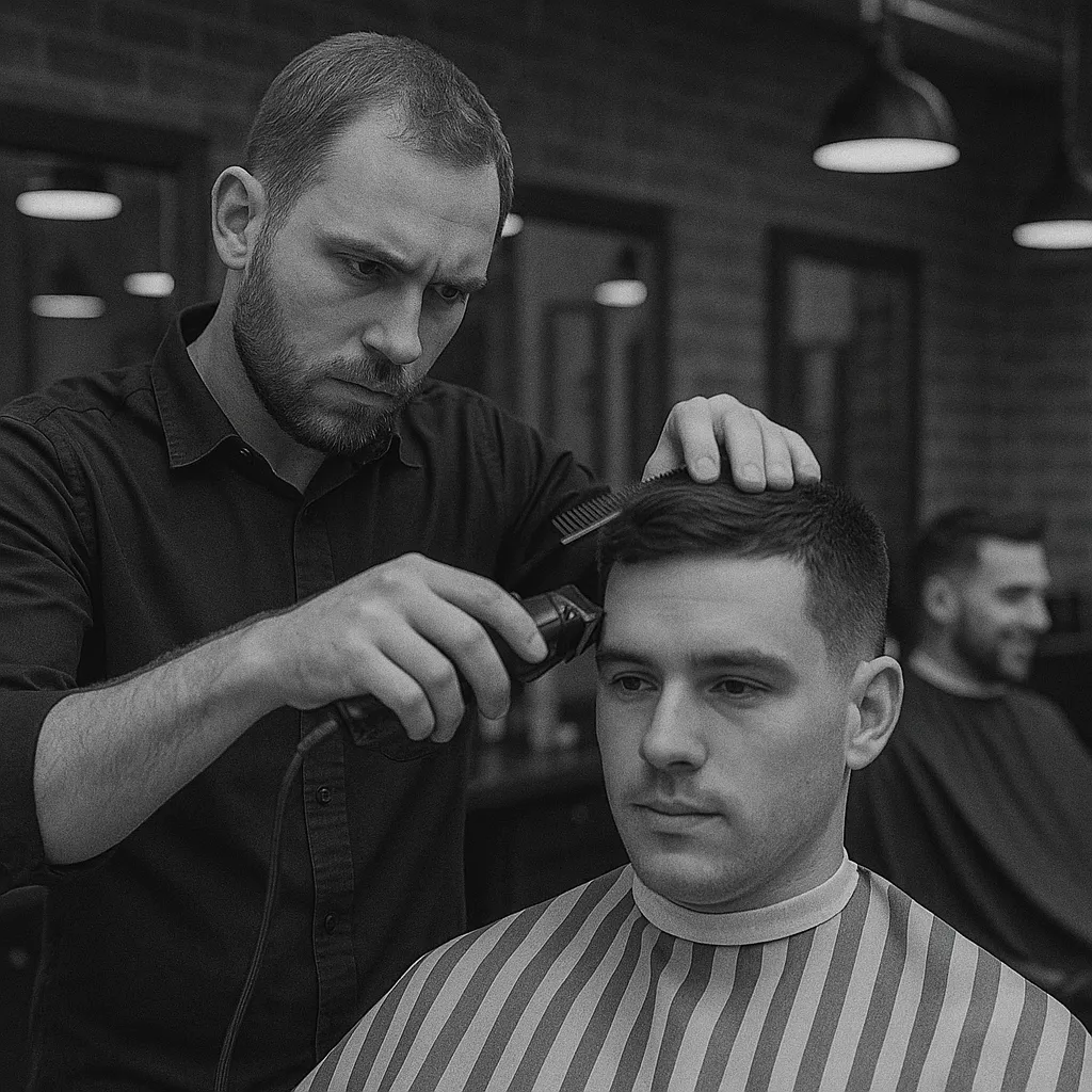 Black and white photo of a barber carefully giving a haircut with clippers to a calm, seated client in a striped cape. The modern barbershop setting features exposed brick walls, pendant lighting, and large mirrors, with another smiling client visible in the background.