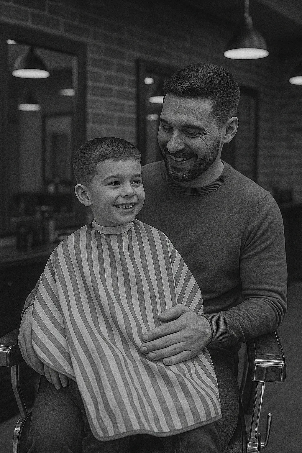Black and white photo of a smiling father sitting in a barbershop chair with his young son on his lap, both looking happy and relaxed. The child wears a striped barber cape, and the background features exposed brick walls, mirrors, and pendant lights, creating a warm and welcoming barbershop atmosphere.