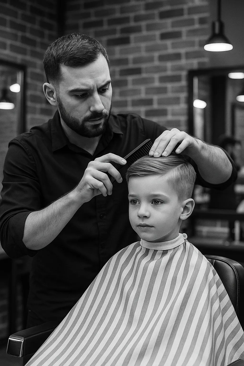Black and white photo of a barber carefully styling a young boy’s hair using a comb and clippers in a modern barbershop. The child, wearing a striped barber cape, sits calmly in the chair while the focused barber works, with exposed brick walls and pendant lights in the background.