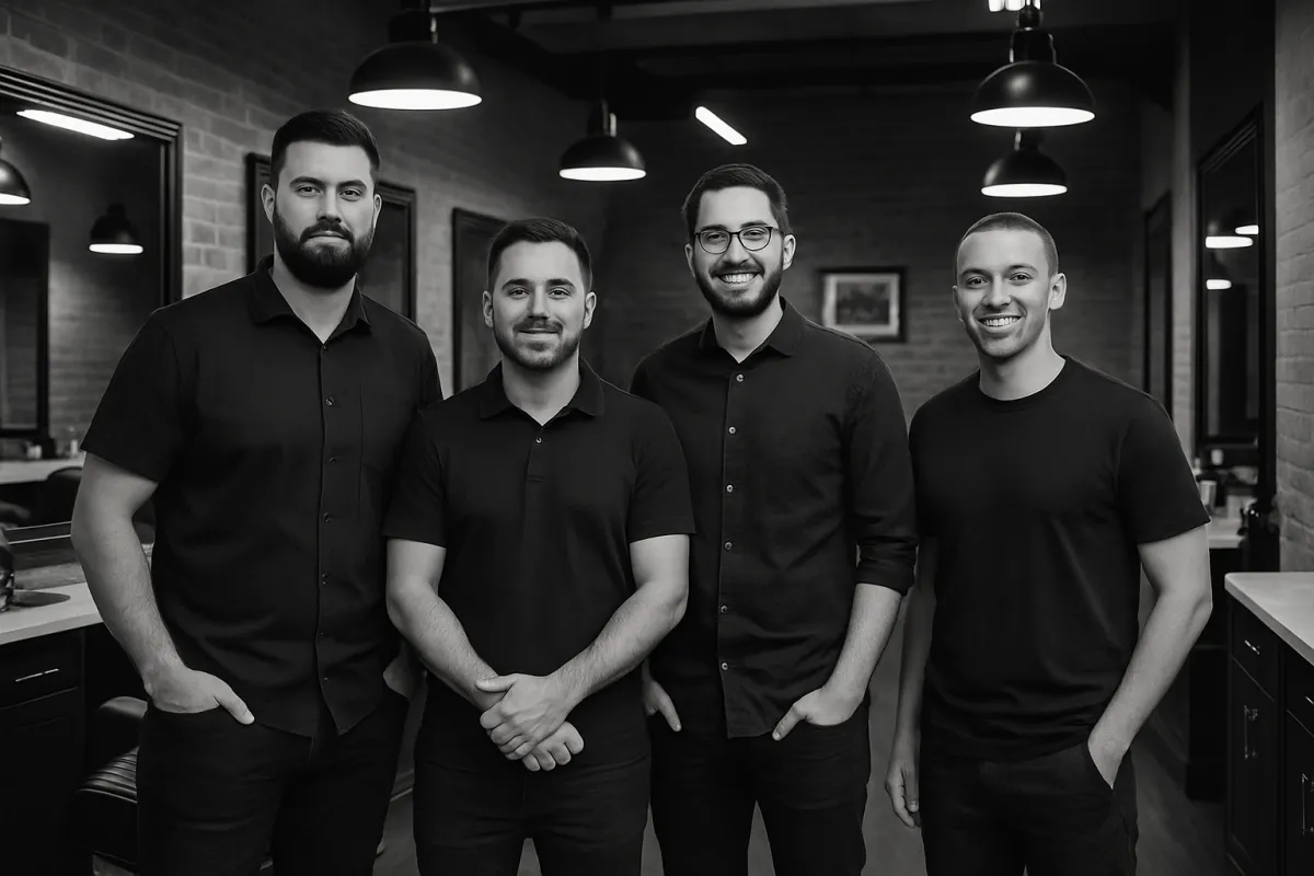 Black and white photo of four barbers standing confidently inside a modern barbershop, smiling and relaxed. The background features exposed brick walls, mirrors, and pendant lighting, creating a stylish and welcoming atmosphere.