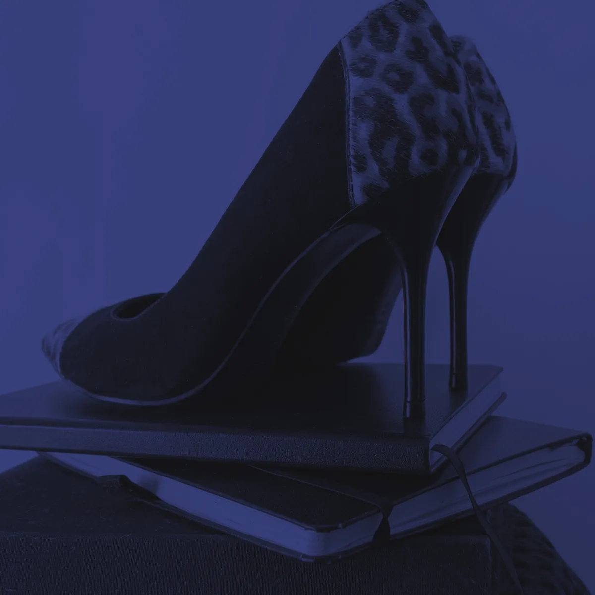 Pair of stiletto heels on top of a stack of hardcover books
