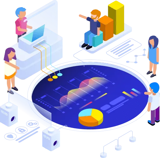 A group of people standing around a table with graphs and graphs.