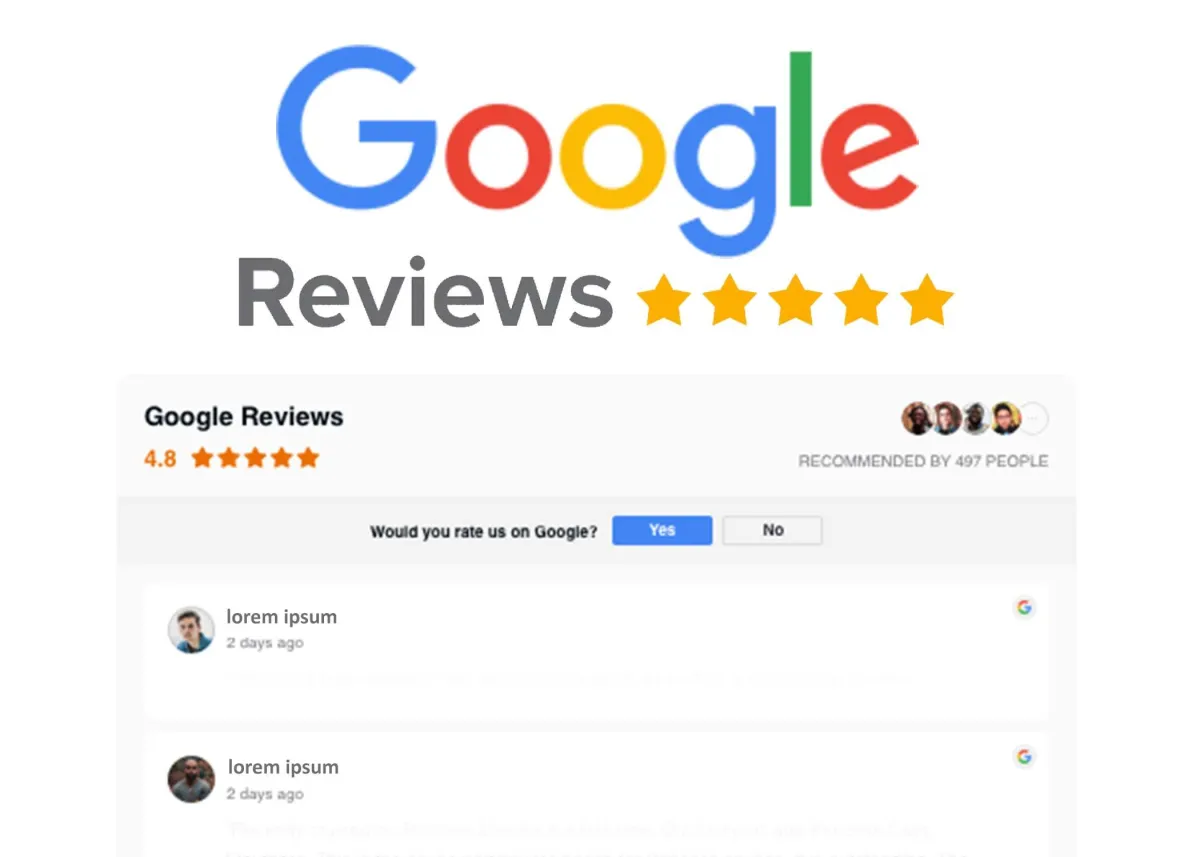 A google reviews page with a five star rating.