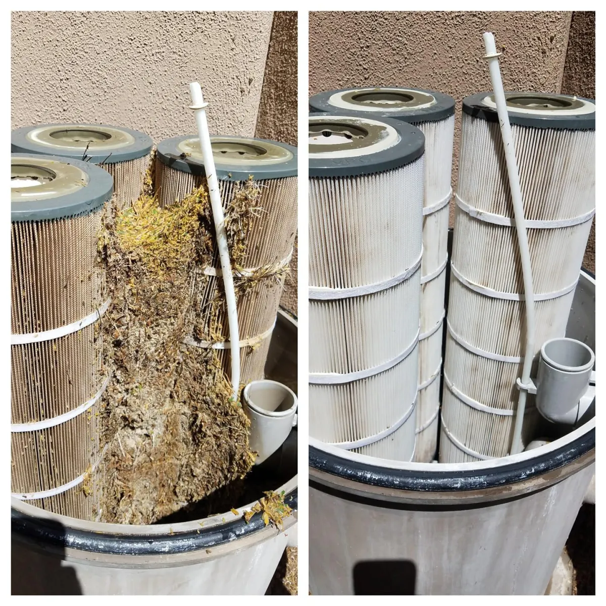 "Before and after comparison of a dirty pool filter restored to a clean, fully functional state, ensuring better water clarity and filtration." This keeps it descriptive, concise, and SEO-friendly. Let me know if you’d like any refinements!