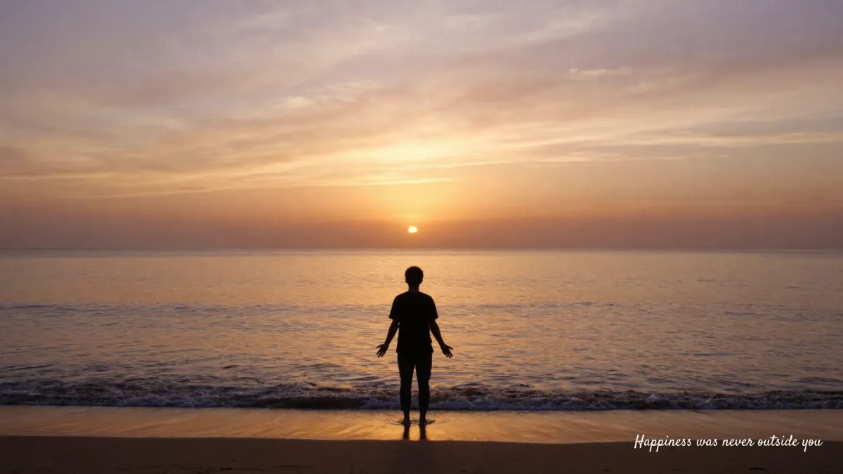 Person standing peacefully near the ocean during golden hour reflecting on openness, emotional healing, and the realization that happiness comes from within rather than external circumstances. @childlosshealing