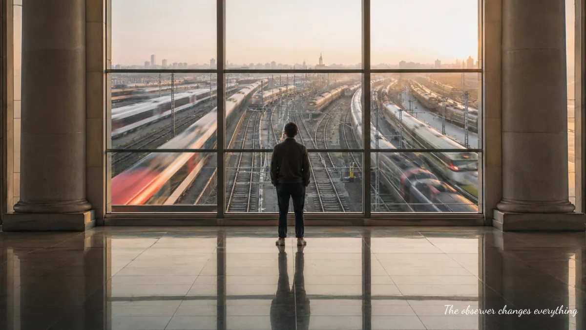 Person standing calmly inside a large train station while multiple trains move in different directions outside expansive windows, symbolizing awareness observing thoughts, emotions, and life experiences without becoming entangled in them. @childlosshealing