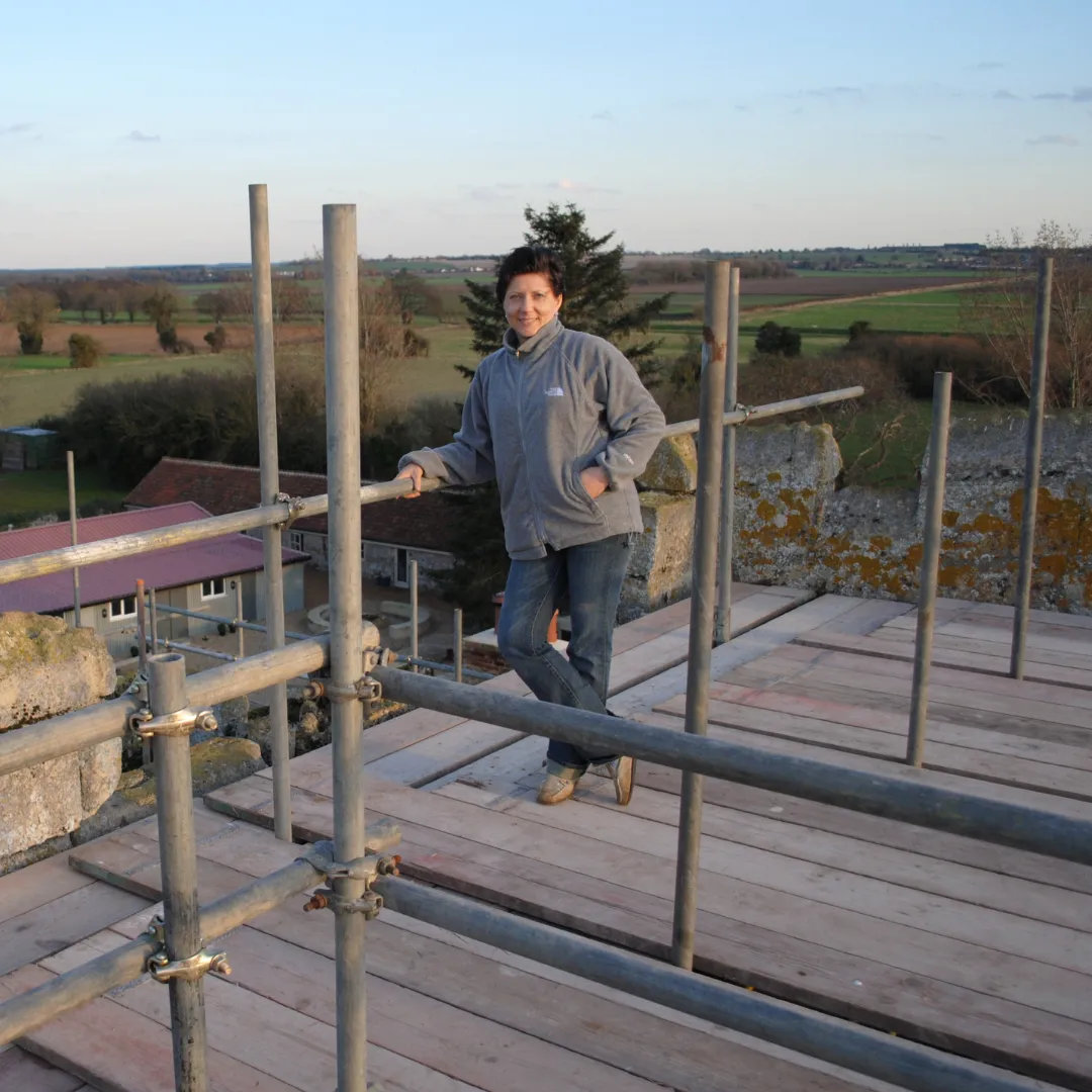 Dita Lee on top of scaffolding at Pentney Abbey