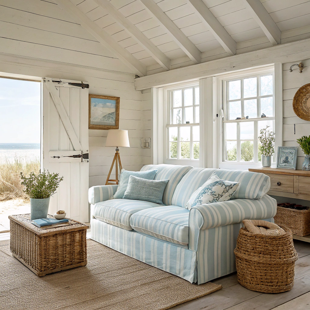 Blue and white stripe sofa placed inside a lovely beach themed room