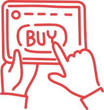 Icon of a hand pointing to a tablet with the text 'buy'.