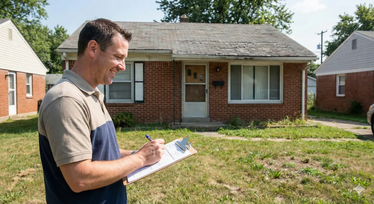 Smiling man evaluating a distressed property