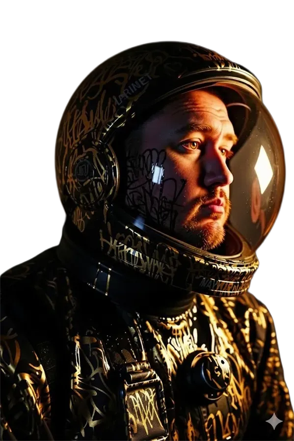 Waist-up portrait of Mickey Schlick, tattoo artist, relaxed three-quarter pose, neutral backdrop