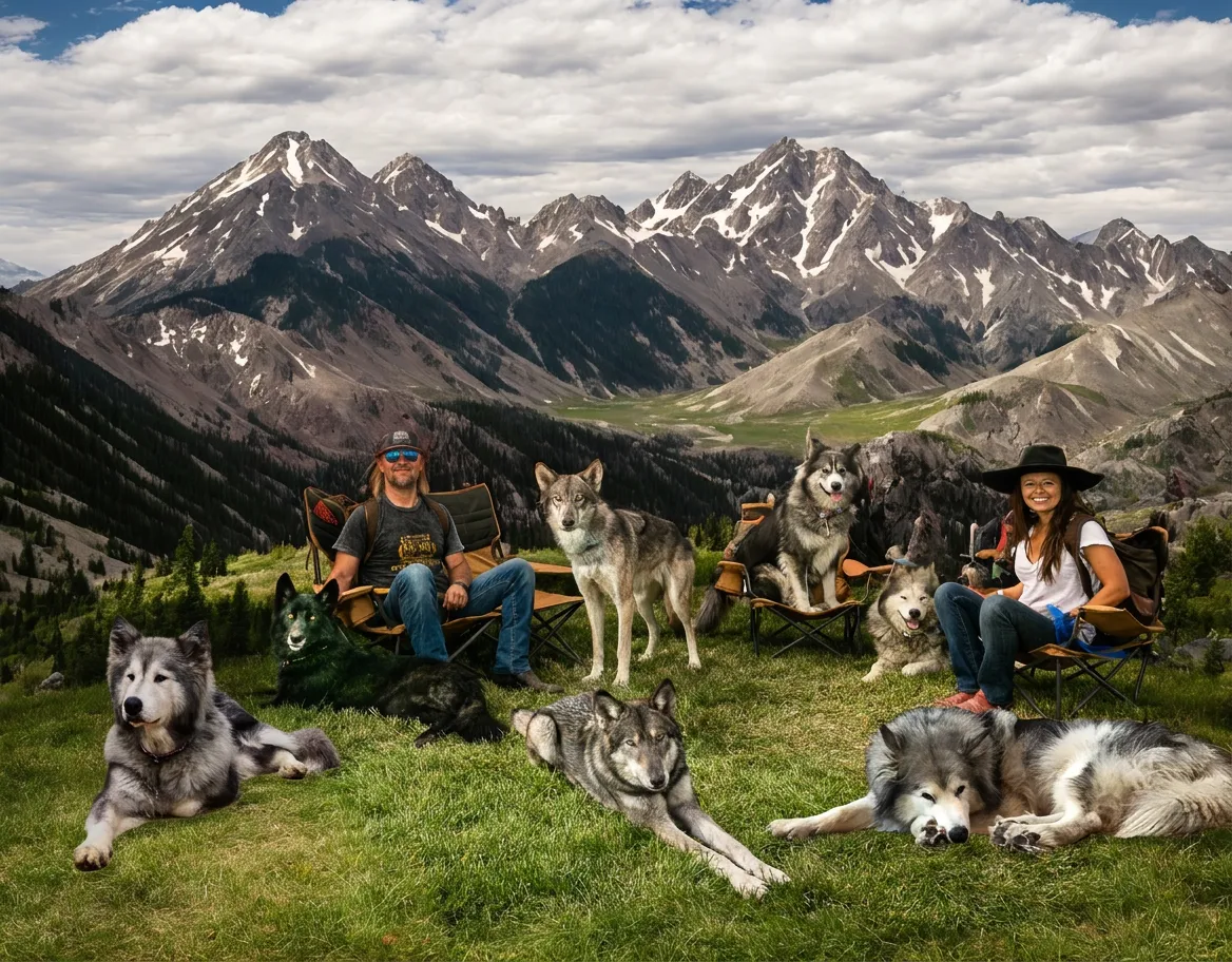 Stephen and Erica with their wolfdogs, in three circular photographs